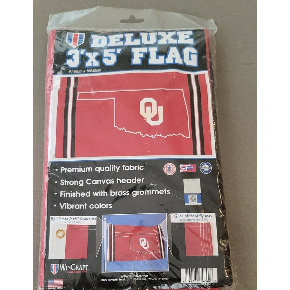 OKLAHOMA SOONERS "OU" RED BACKGROUND 3'X5' DELUXE FLAG BRAND NEW WINCRAFT